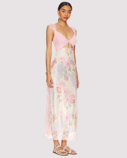 Slim V-neck Lace Shoulder-strap Dress Stitching Flowers Print Long Dresses Summer Women's Clothing