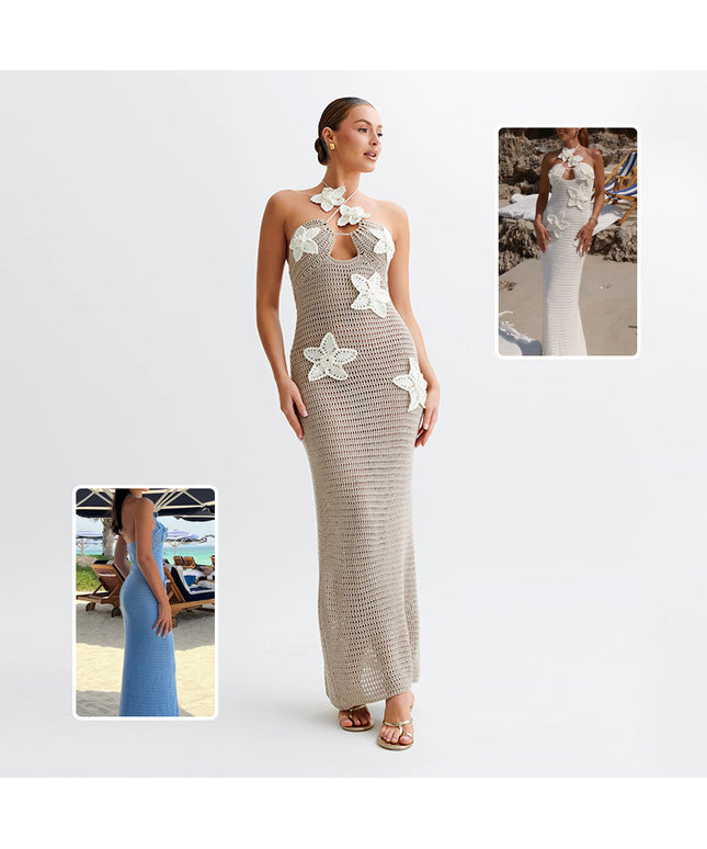 Slim Halterneck Dress With Stars Summer Sexy Seaside Beach Long Dresses Womens Clothing