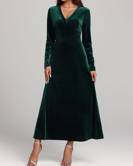 Elegant V-neck Long Sleeved Gold Velvet Evening Dress Women's Clothing - Fashionable And Comfortable Autumn And Winter Party Dress
