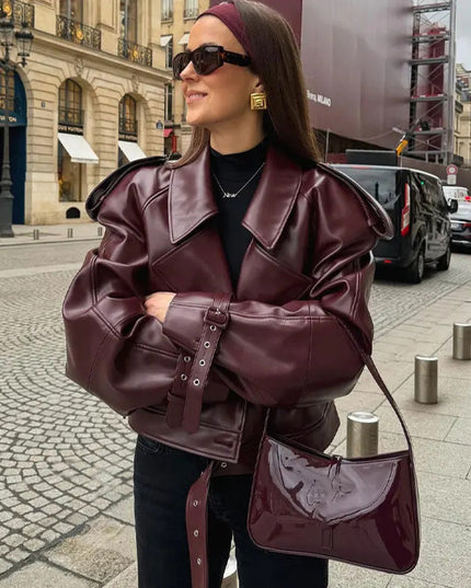 Loose Lapel Leather Jacket Fashion Cropped Tops Streetwear For Womens Clothing