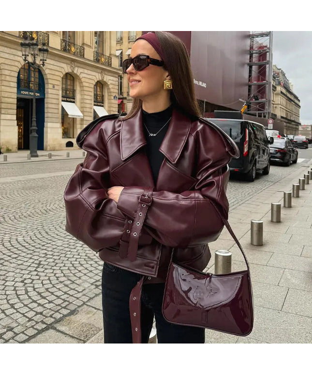 Loose Lapel Leather Jacket Fashion Cropped Tops Streetwear For Womens Clothing