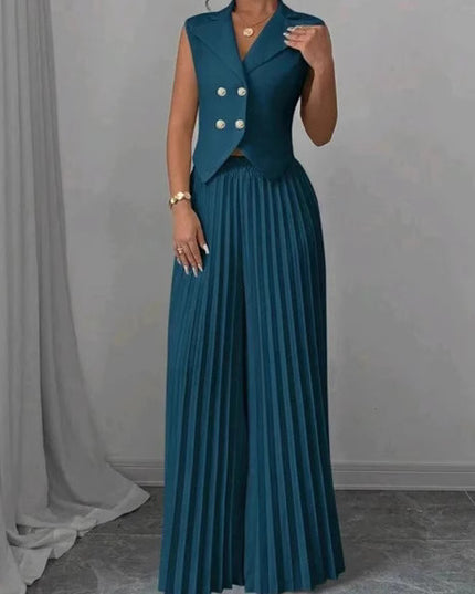 Summer Sleeveless Suit Fashion Lapel Button Vest Top And Pleated Straight Pants Women's Trousers Set Clothing