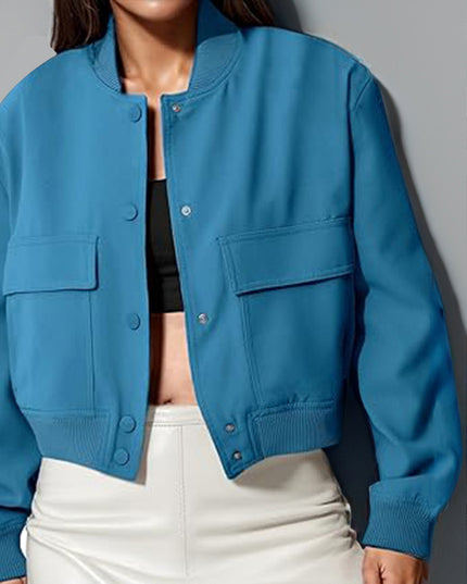 Fashion Button Stand-collar Jacket With Big Pockets Casual Loose Short Outwear Tops Coat For Women Clothing