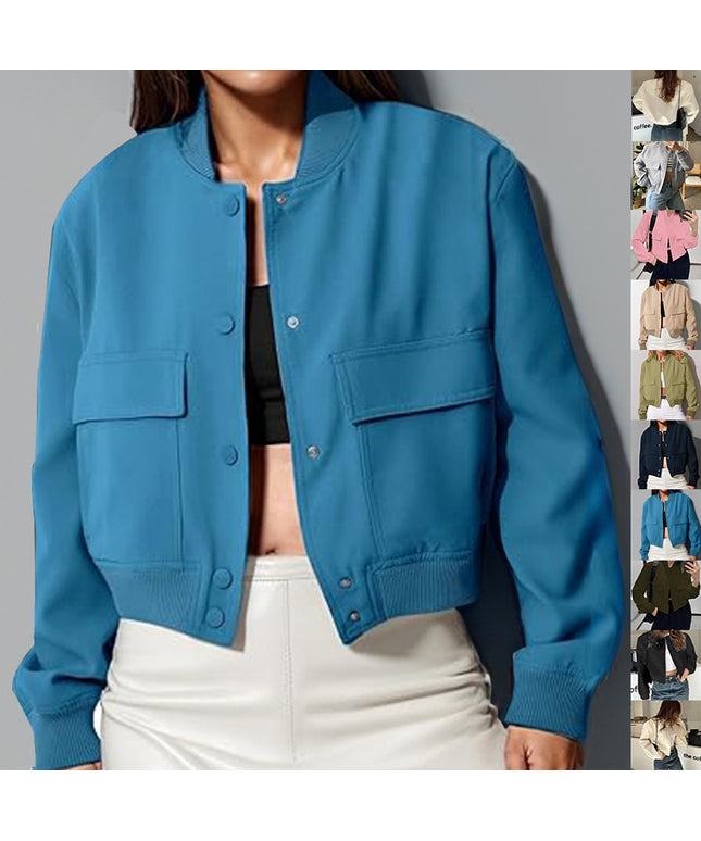 Fashion Button Stand-collar Jacket With Big Pockets Casual Loose Short Outwear Tops Coat For Women Clothing