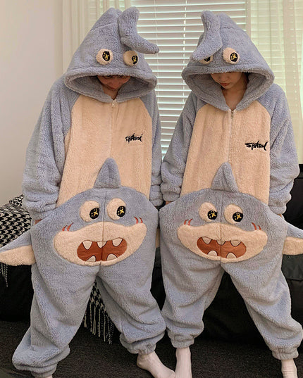 Cute Cartoon Jumpsuit Homewear Couple One-piece Nightgown Coral Fleece Winter Thickened Plush Pajamas For Women Home Clothes