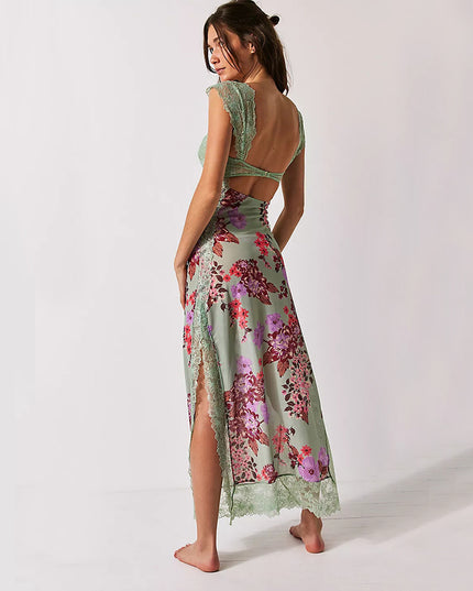 Slim V-neck Lace Shoulder-strap Dress Stitching Flowers Print Long Dresses Summer Women's Clothing