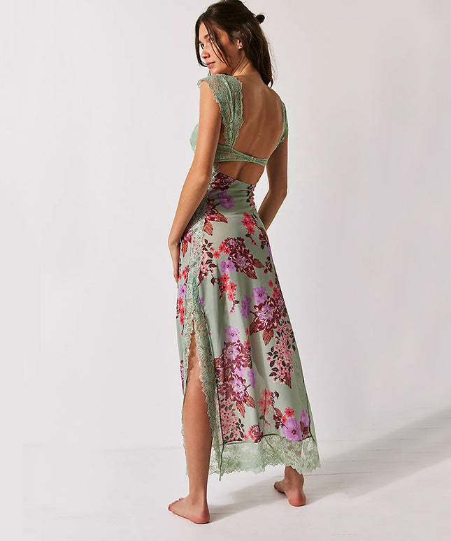 Slim V-neck Lace Shoulder-strap Dress Stitching Flowers Print Long Dresses Summer Women's Clothing