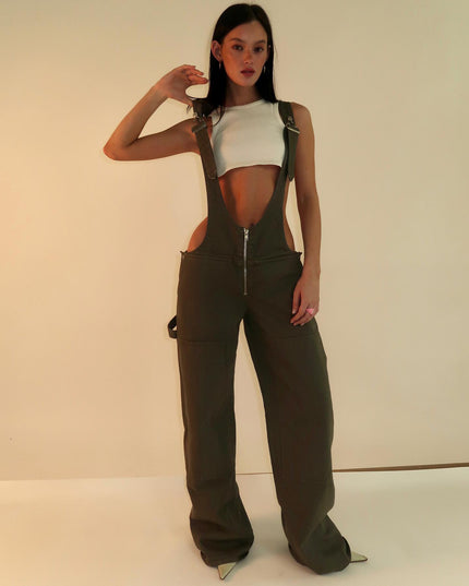 Y2K Zipper Denim Overalls With Pockets Fashion Loose Suspender Jumpsuit Streetwear Jeans Pants Womens Clothing