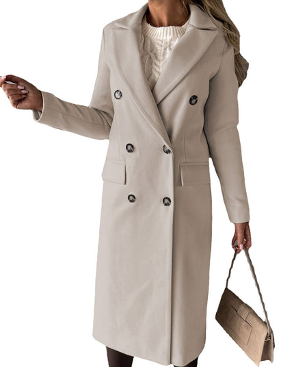 Double Breasted Lapel Coat Winter Fashion Solid Slim Long Jacket Long Sleeve Tops Womens Clothing