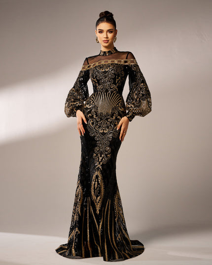Long Sleeve Round Neck Sequins Mesh Fishtail Evening Dress