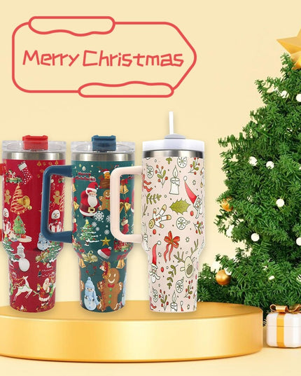 New Christmas Pattern Mug With Handle Lid Straw Drinkware Stainless Steel Vacuum Tumbler Large Capacity Car Travel Coffee Cup