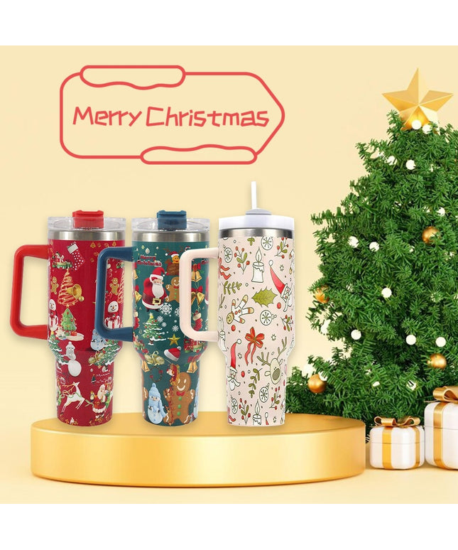 New Christmas Pattern Mug With Handle Lid Straw Drinkware Stainless Steel Vacuum Tumbler Large Capacity Car Travel Coffee Cup