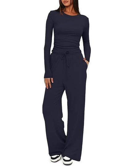 2 Pieces Women's Suit Autumn Winte Long Sleeve Tops High Waisted Wide Leg Pants Sportswear Female Clothes Solid Color Casual Suit