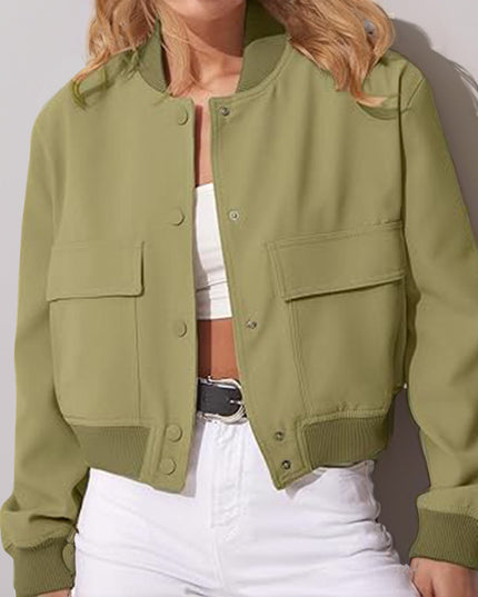 Fashion Button Stand-collar Jacket With Big Pockets Casual Loose Short Outwear Tops Coat For Women Clothing