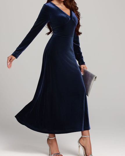 Elegant V-neck Long Sleeved Gold Velvet Evening Dress Women's Clothing - Fashionable And Comfortable Autumn And Winter Party Dress