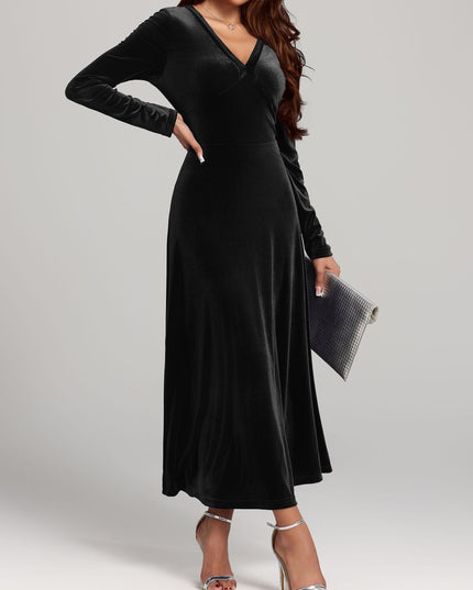 Elegant V-neck Long Sleeved Gold Velvet Evening Dress Women's Clothing - Fashionable And Comfortable Autumn And Winter Party Dress