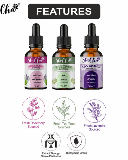 Slacha Lavender, Tea Tree & Rosemary Essential Oil | 100% Pure & Natural | Steam Distilled | For Hair, Skin & Relaxation | 15ML (Pack of 3)  (BUY 1 PACK GET 1 FREE)