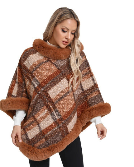 Big Fur Collar Cloak Mid-length Batwing Sleeve Pullover Classic Plaid Shawl