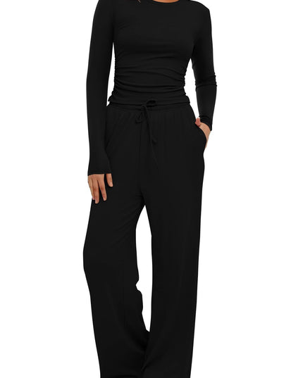 2 Pieces Women's Suit Autumn Winte Long Sleeve Tops High Waisted Wide Leg Pants Sportswear Female Clothes Solid Color Casual Suit