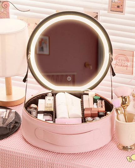 Round Smart LED Makeup Bag With Mirror Lights Women Beauty Bag Large Capacity PU Leather Travel Organizers Cosmetic Case