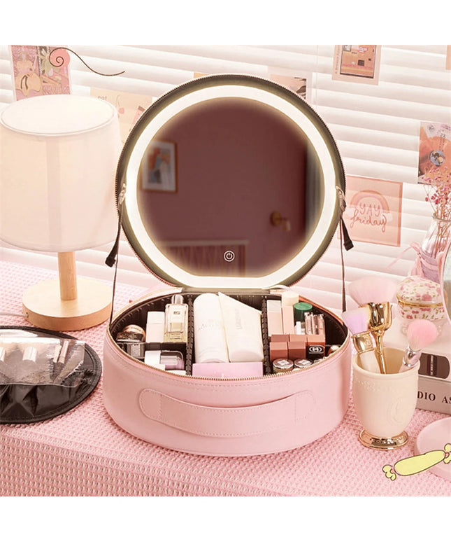 Round Smart LED Makeup Bag With Mirror Lights Women Beauty Bag Large Capacity PU Leather Travel Organizers Cosmetic Case