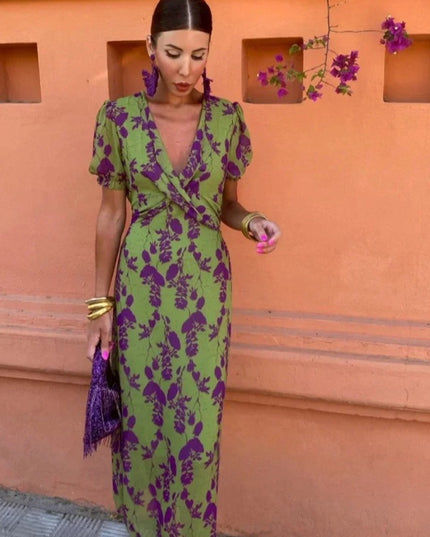 Top Selling V-neck Short Sleeved Dress - Floral Print Pleated Detail Women's Casual Summer Dress