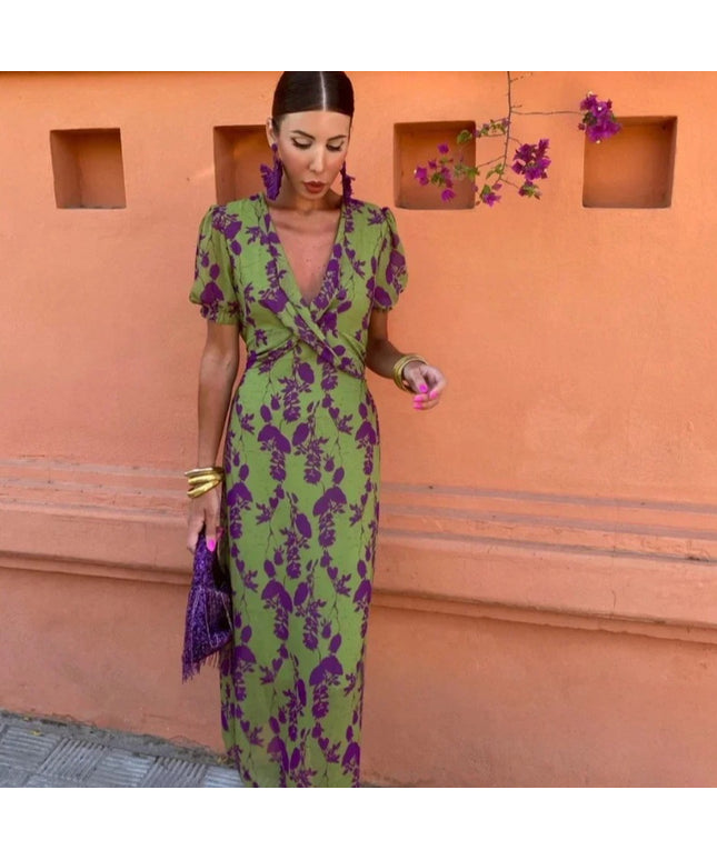 Top Selling V-neck Short Sleeved Dress - Floral Print Pleated Detail Women's Casual Summer Dress