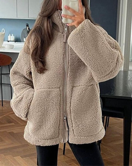 Winter Lapel Zip-up Coat With Pockets Casual Fashion Solid Fleece Jacket Fall Spring Long Sleeve Women's Clothing