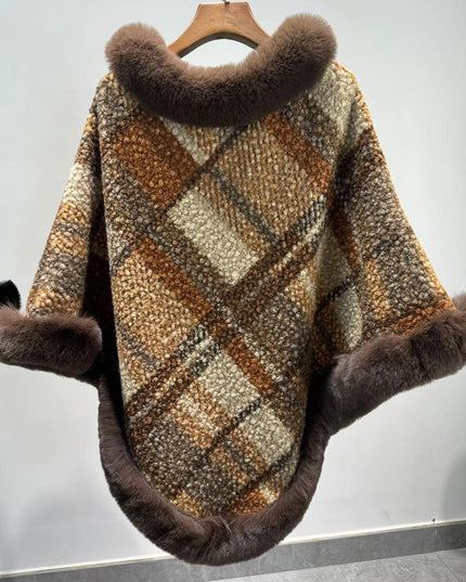 Big Fur Collar Cloak Mid-length Batwing Sleeve Pullover Classic Plaid Shawl