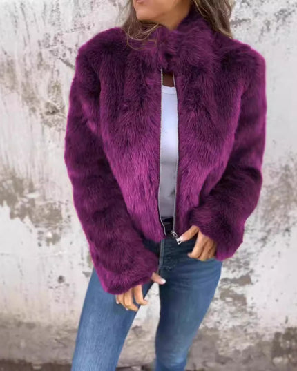 Fashion Stand Collar Plush Jacket Winter Casual Turtleneck Zipper Coat Fleece Tops Women's Clothing