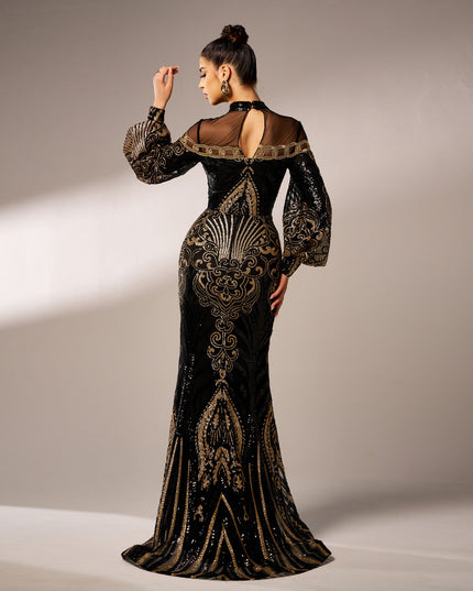 Long Sleeve Round Neck Sequins Mesh Fishtail Evening Dress