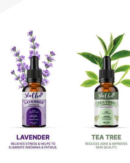 Slacha Lavender & Tea Tree Essential Oil | 100% Pure & Natural | Steam Distilled | For Hair, Skin & Relaxation | 15ML (Pack of 2)  (BUY 1 PACK GET 1 FREE)