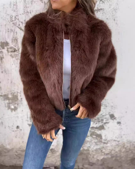 Fashion Stand Collar Plush Jacket Winter Casual Turtleneck Zipper Coat Fleece Tops Women's Clothing