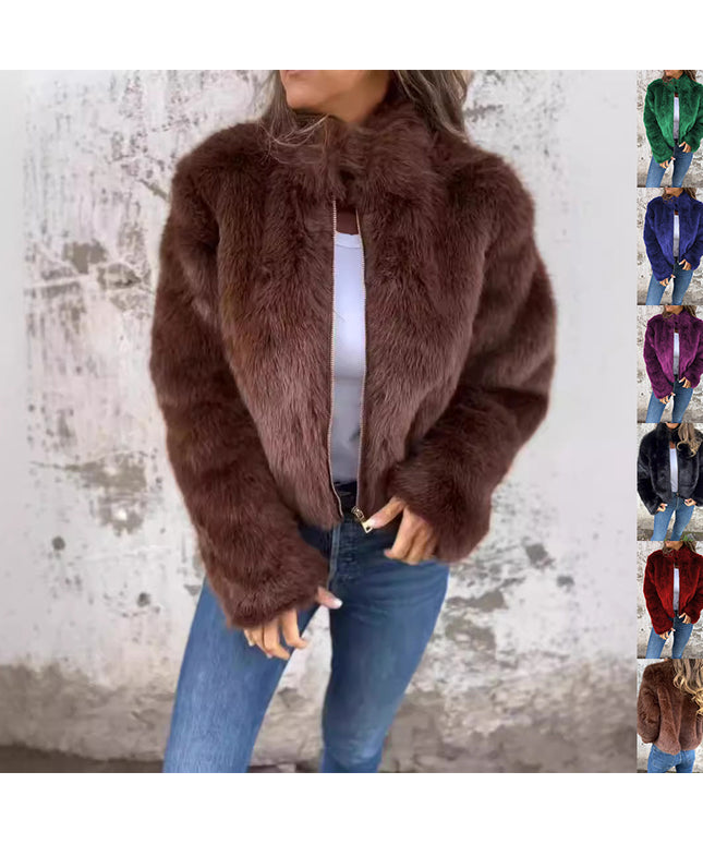 Fashion Stand Collar Plush Jacket Winter Casual Turtleneck Zipper Coat Fleece Tops Women's Clothing