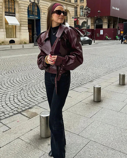 Loose Lapel Leather Jacket Fashion Cropped Tops Streetwear For Womens Clothing
