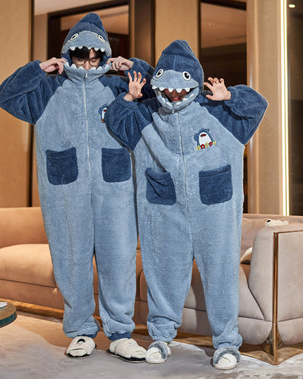 Cute Cartoon Jumpsuit Homewear Couple One-piece Nightgown Coral Fleece Winter Thickened Plush Pajamas For Women Home Clothes