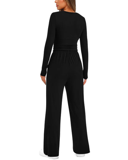 2 Pieces Women's Suit Autumn Winte Long Sleeve Tops High Waisted Wide Leg Pants Sportswear Female Clothes Solid Color Casual Suit