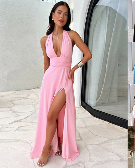 Sexy Halterneck V-neck Slit Dress Summer Backless Strappy Skirt Fashion Temperament Clothing Women