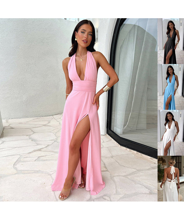 Sexy Halterneck V-neck Slit Dress Summer Backless Strappy Skirt Fashion Temperament Clothing Women