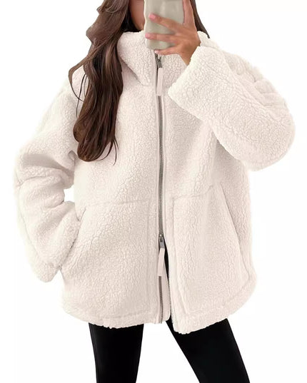 Winter Lapel Zip-up Coat With Pockets Casual Fashion Solid Fleece Jacket Fall Spring Long Sleeve Women's Clothing