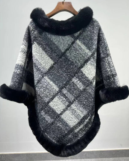Big Fur Collar Cloak Mid-length Batwing Sleeve Pullover Classic Plaid Shawl