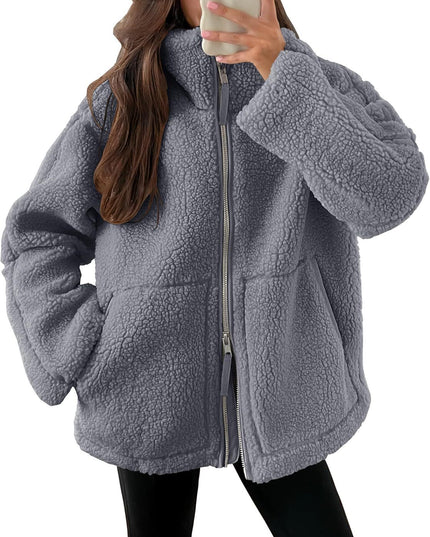 Winter Lapel Zip-up Coat With Pockets Casual Fashion Solid Fleece Jacket Fall Spring Long Sleeve Women's Clothing