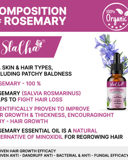 Slacha Rosemary Essential Oil | 100% Pure & Natural | Steam Distilled | For Hair Growth, Skin Care & Relaxation | 15ML (BUY 1 GET 1 FREE)