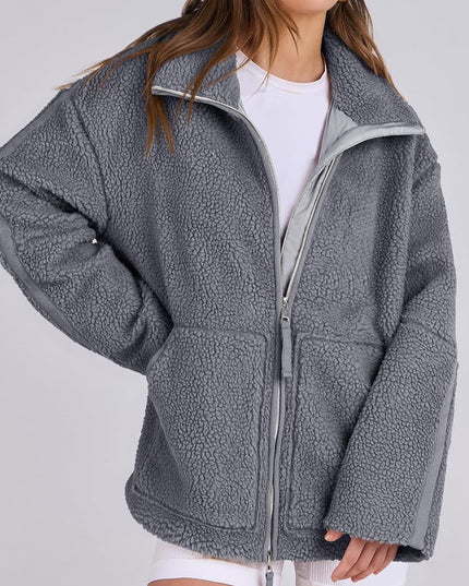 Winter Lapel Zip-up Coat With Pockets Casual Fashion Solid Fleece Jacket Fall Spring Long Sleeve Women's Clothing