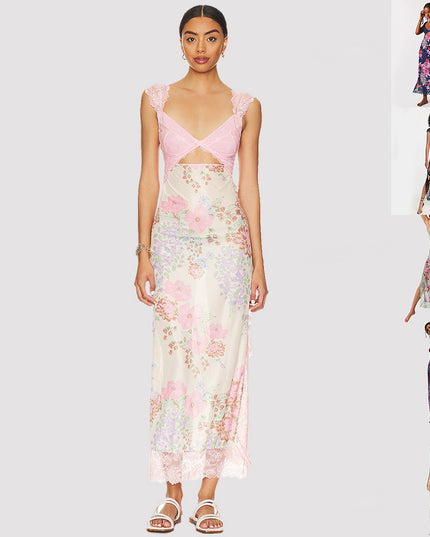 Slim V-neck Lace Shoulder-strap Dress Stitching Flowers Print Long Dresses Summer Women's Clothing