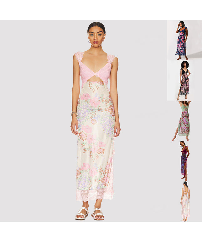 Slim V-neck Lace Shoulder-strap Dress Stitching Flowers Print Long Dresses Summer Women's Clothing