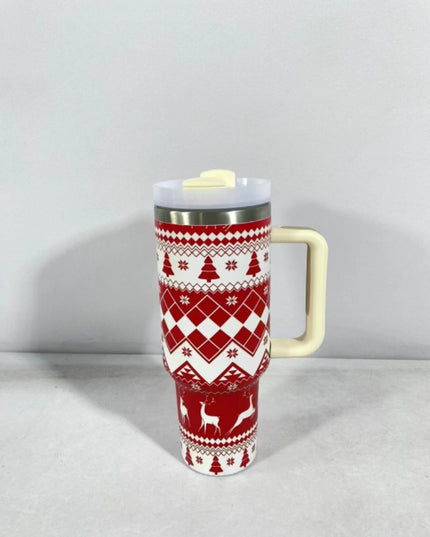 New Christmas Pattern Mug With Handle Lid Straw Drinkware Stainless Steel Vacuum Tumbler Large Capacity Car Travel Coffee Cup