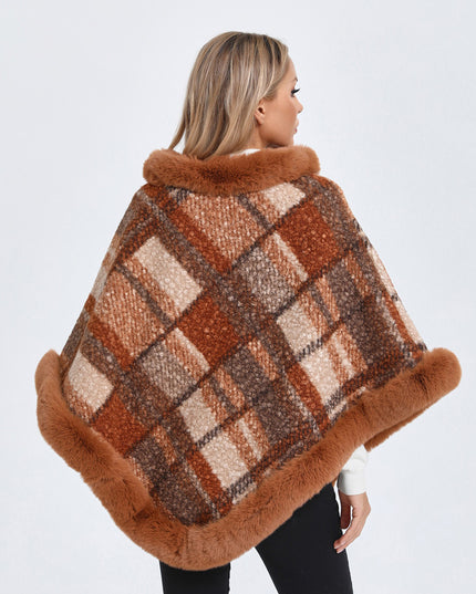 Big Fur Collar Cloak Mid-length Batwing Sleeve Pullover Classic Plaid Shawl