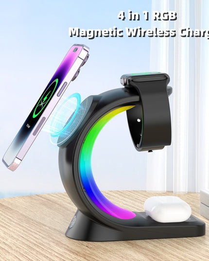 4 In 1 Magnetic Wireless Charger Fast Charging For Smart Phone Atmosphere Light Charging Station For Airpods Pro I-phone Watch
