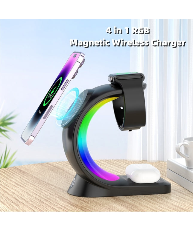 4 In 1 Magnetic Wireless Charger Fast Charging For Smart Phone Atmosphere Light Charging Station For Airpods Pro I-phone Watch